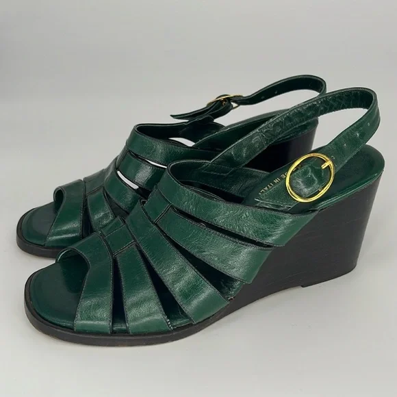 Vintage 70s Rodan Stacked Wedge Sandals in Green Leather Size 5 1/2 - Picture 5 of 13